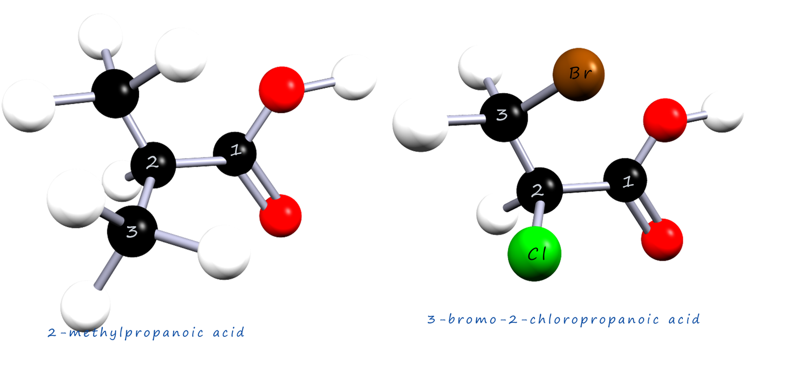 3d models of two substutiuted carboxylic acids and how to name them.